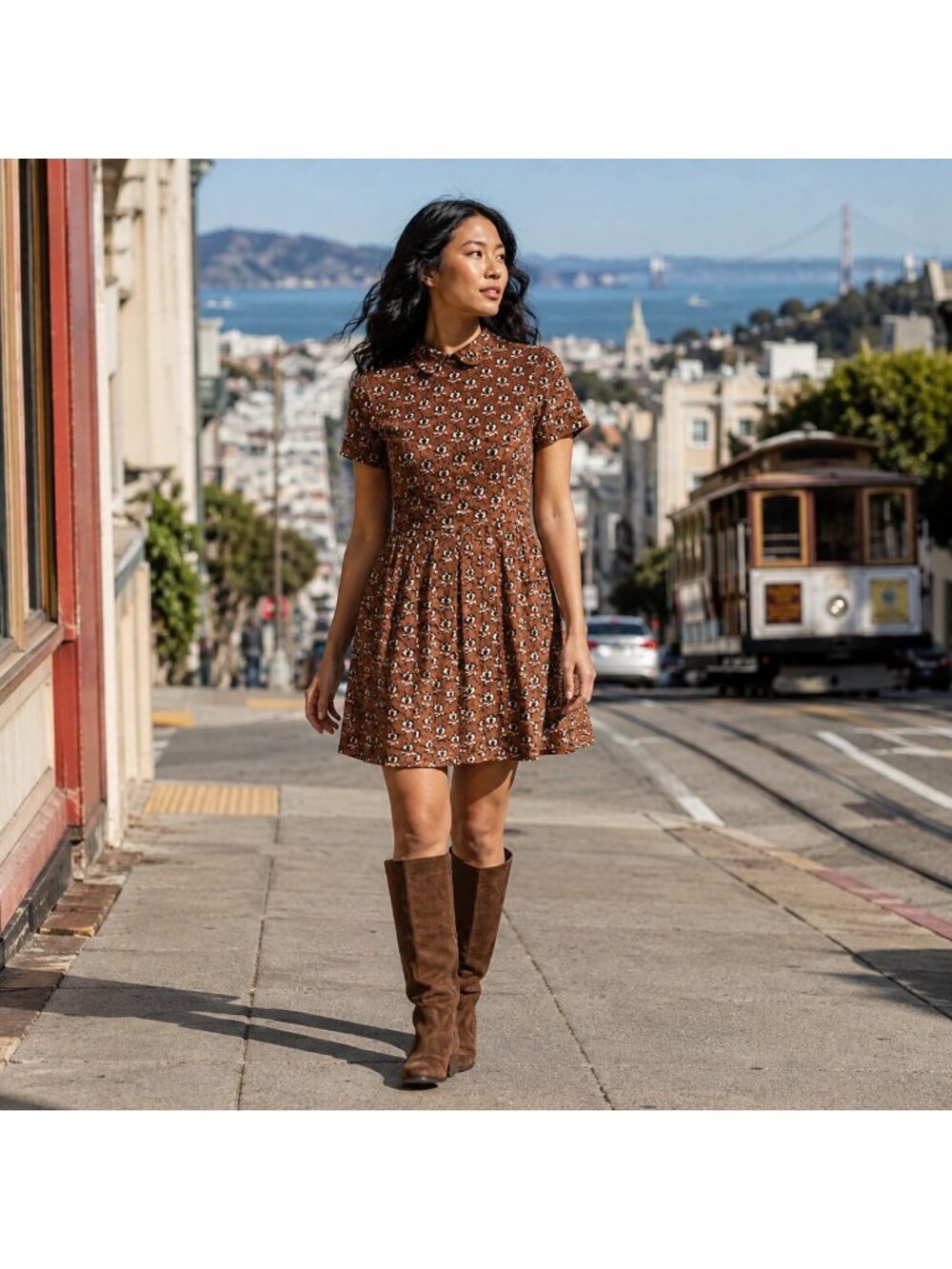 Opening Ceremony Floral Brown Velour Short Sleeve Dress Women Party Casual 4